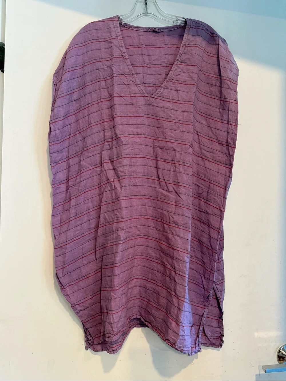 Eileen Fisher Purple Striped Loose Fit Tunic Boho Organic Linen Dress Size L/XL